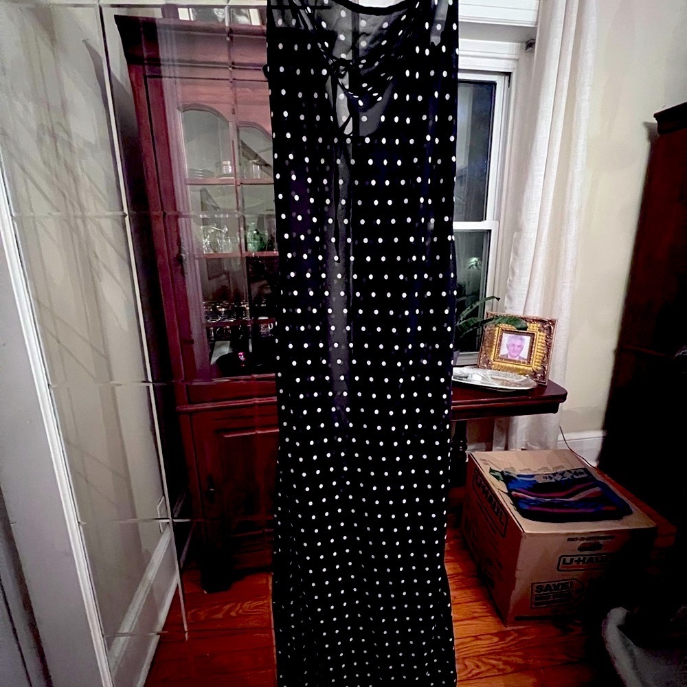 Commense Chiffon Sheer Polka Dot Print Backless Dress